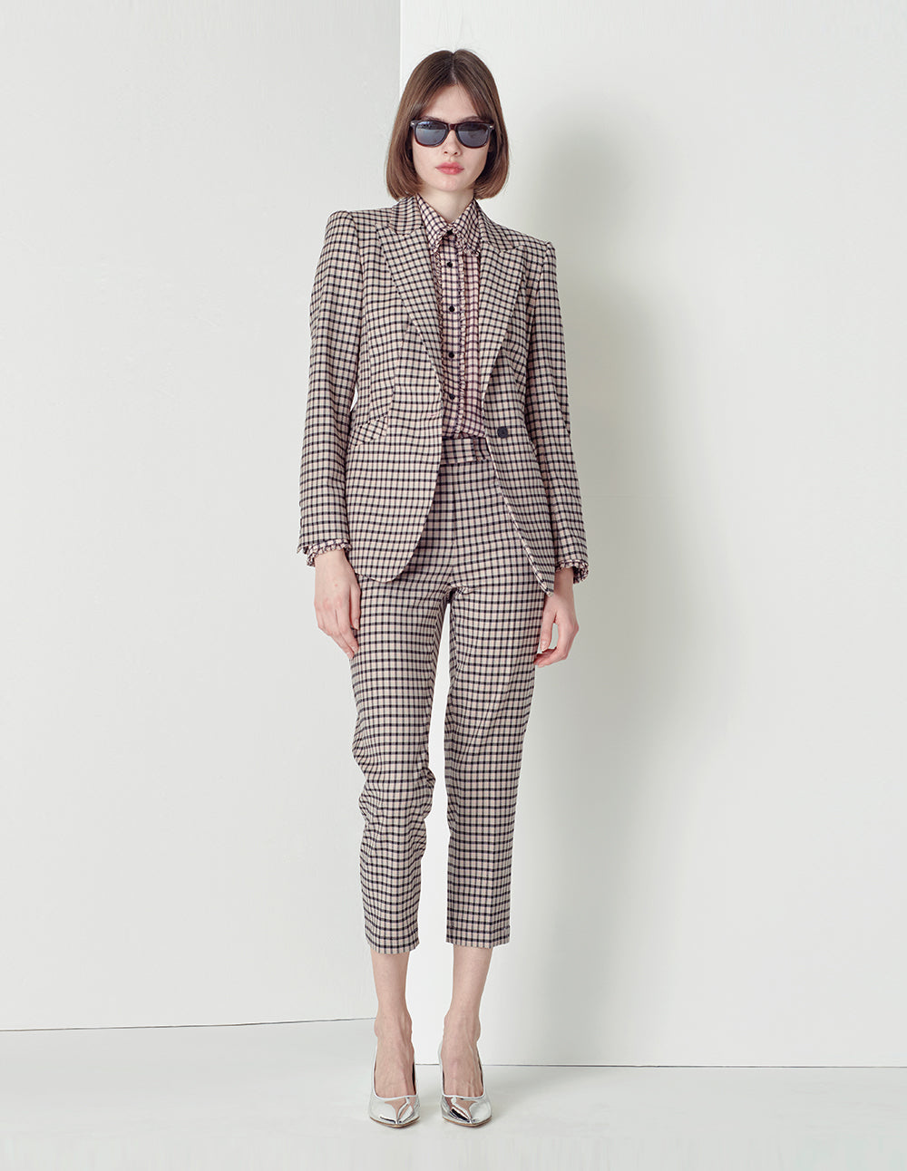 MARYLING Black and pink plaid houndstooth nine-point suit pants