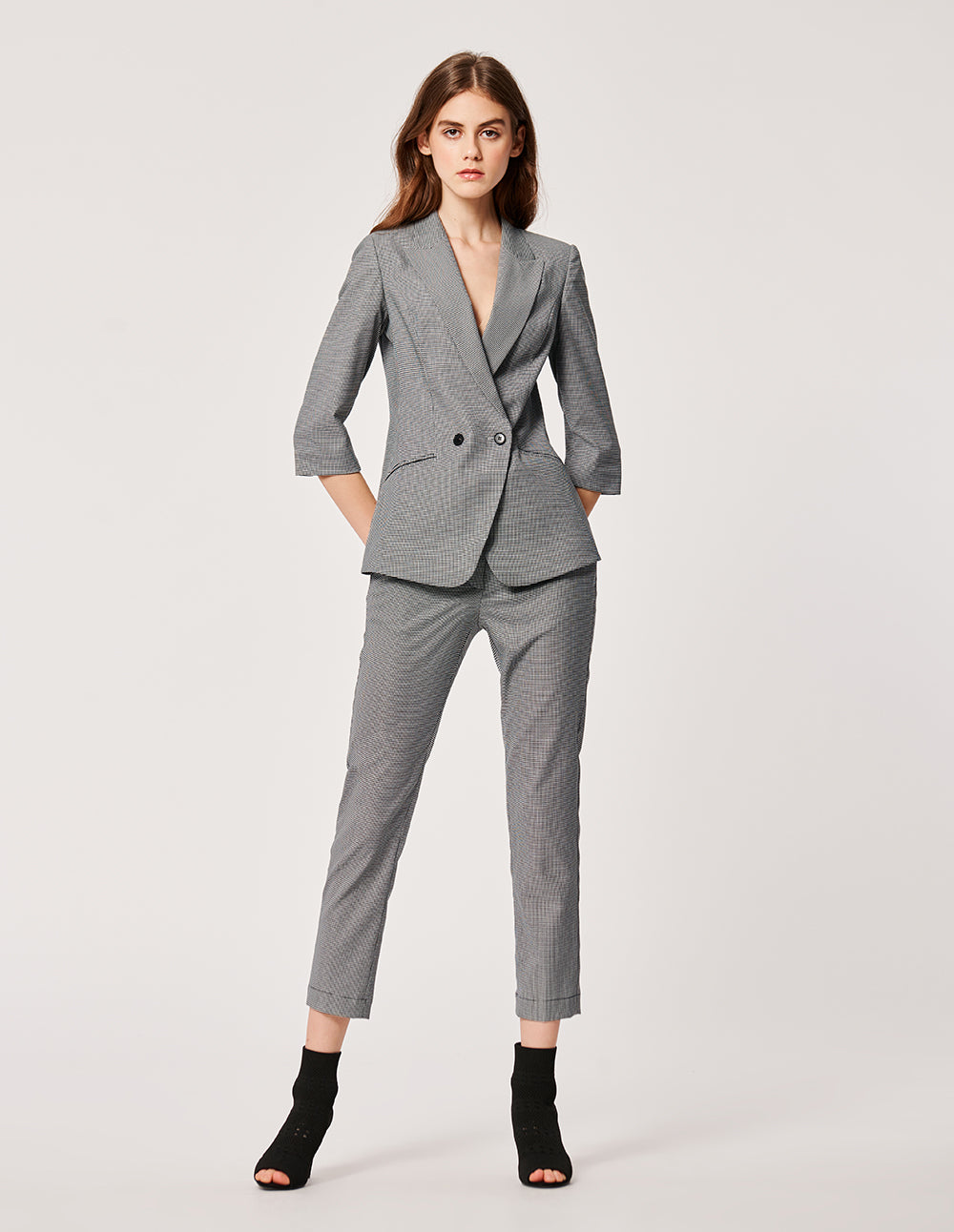 MARYLING Houndstooth Pattern Crop Leg Slim Fit Trousers