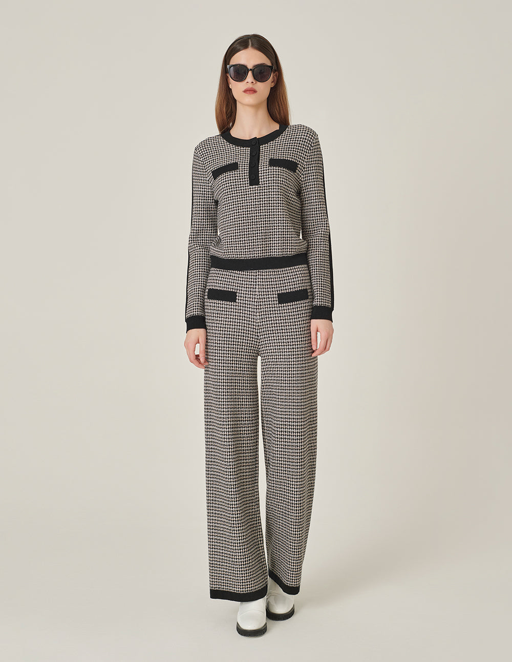 MARYLING Black And White Houndstooth Knitted Straight Wide-Leg Pants