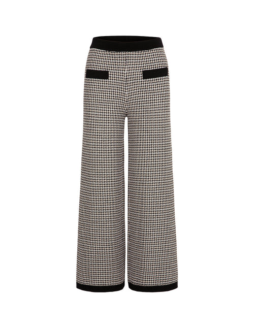 MARYLING Black And White Houndstooth Knitted Straight Wide-Leg Pants