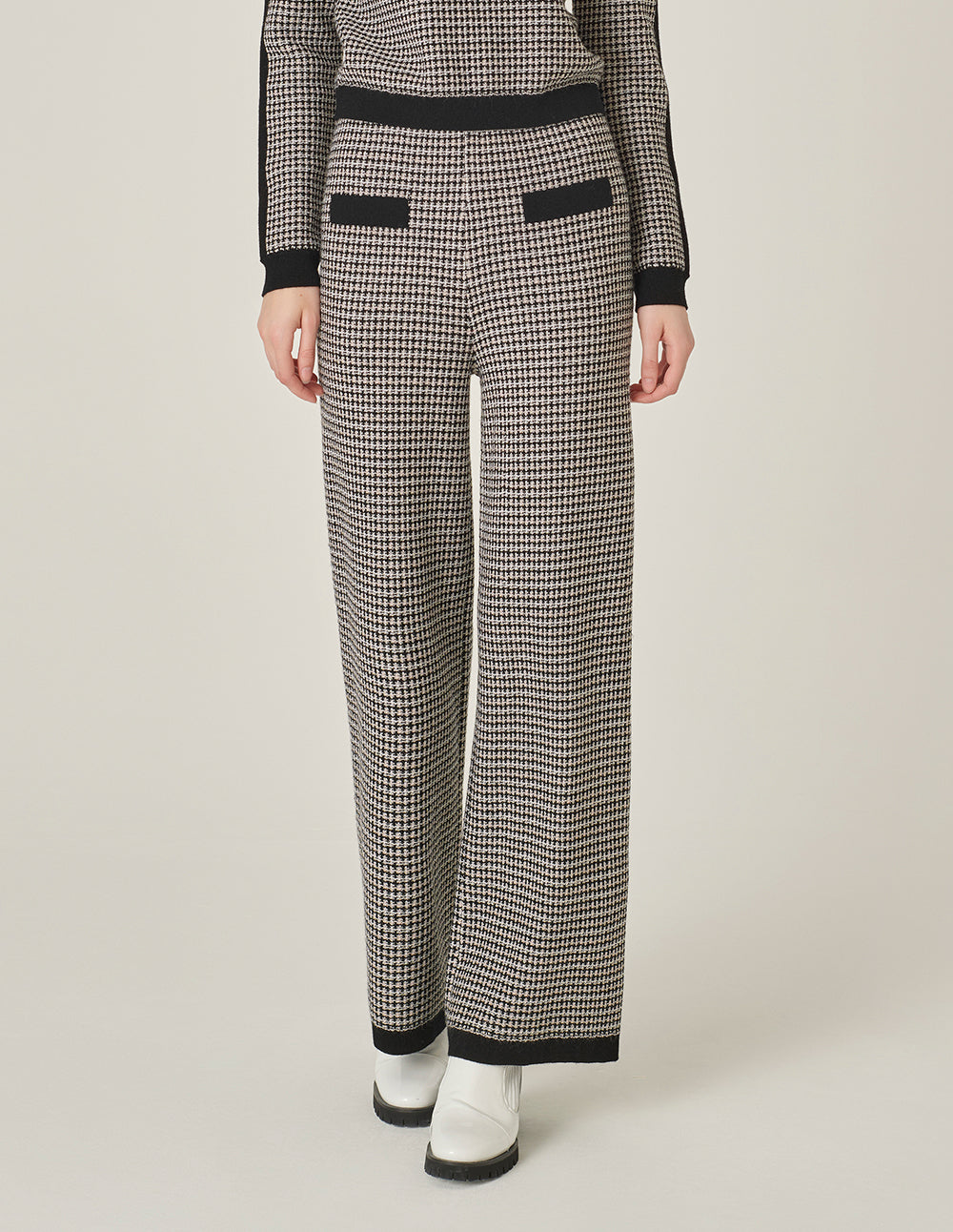 MARYLING Black And White Houndstooth Knitted Straight Wide-Leg Pants