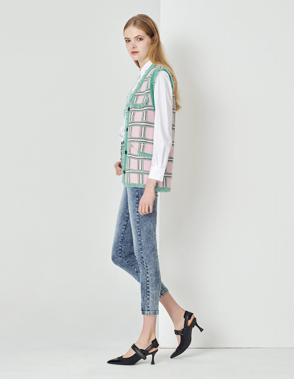 MARYLING Denim Blue Metal Decorative Buckle Skinny Denim Cropped Pants