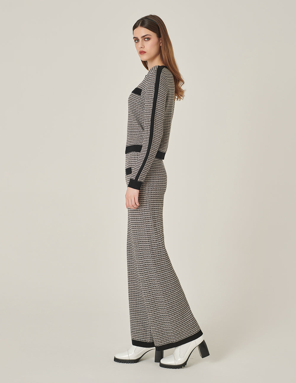 MARYLING Black And White Houndstooth Knitted Straight Wide-Leg Pants