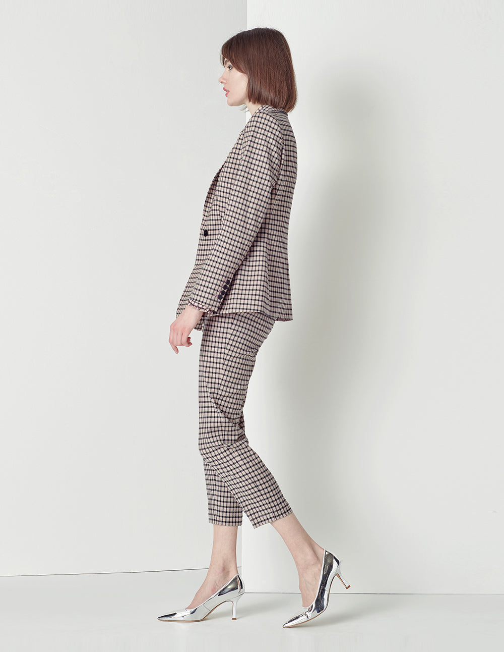 MARYLING Black and pink plaid houndstooth nine-point suit pants