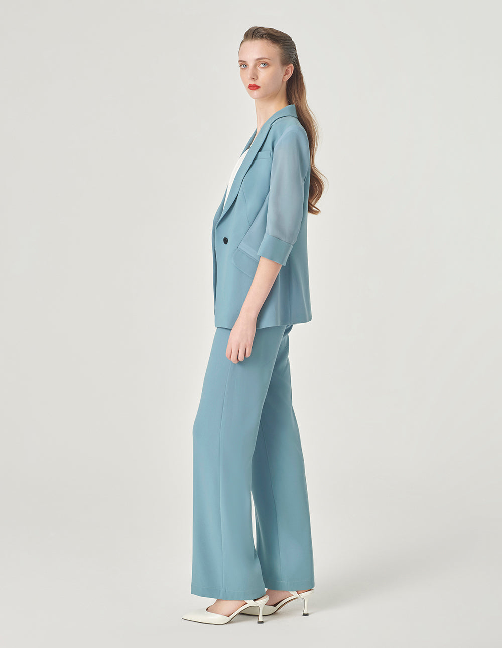 MARYLING Ice Blue Draped Straight Suit Pants