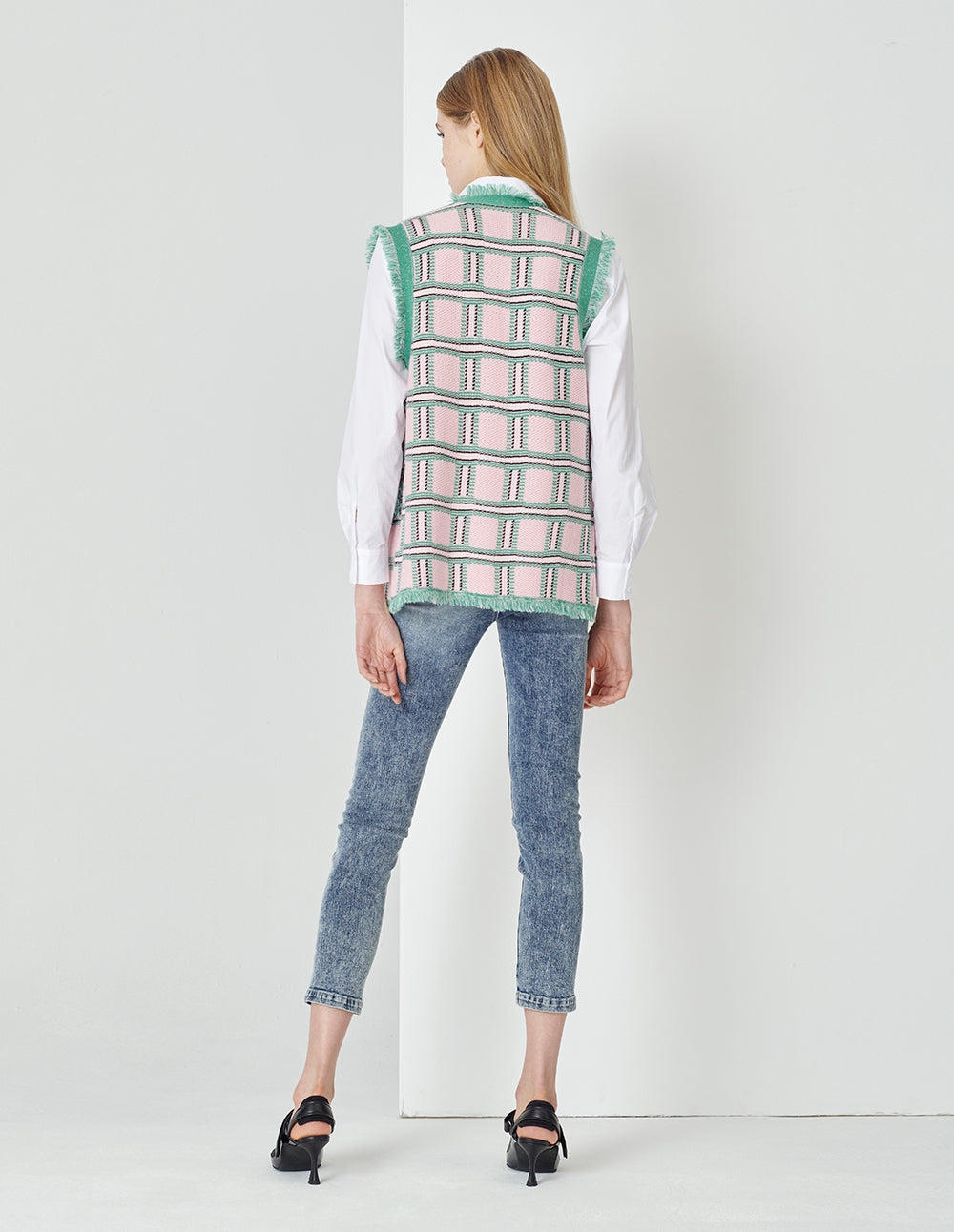 MARYLING Denim Blue Metal Decorative Buckle Skinny Denim Cropped Pants