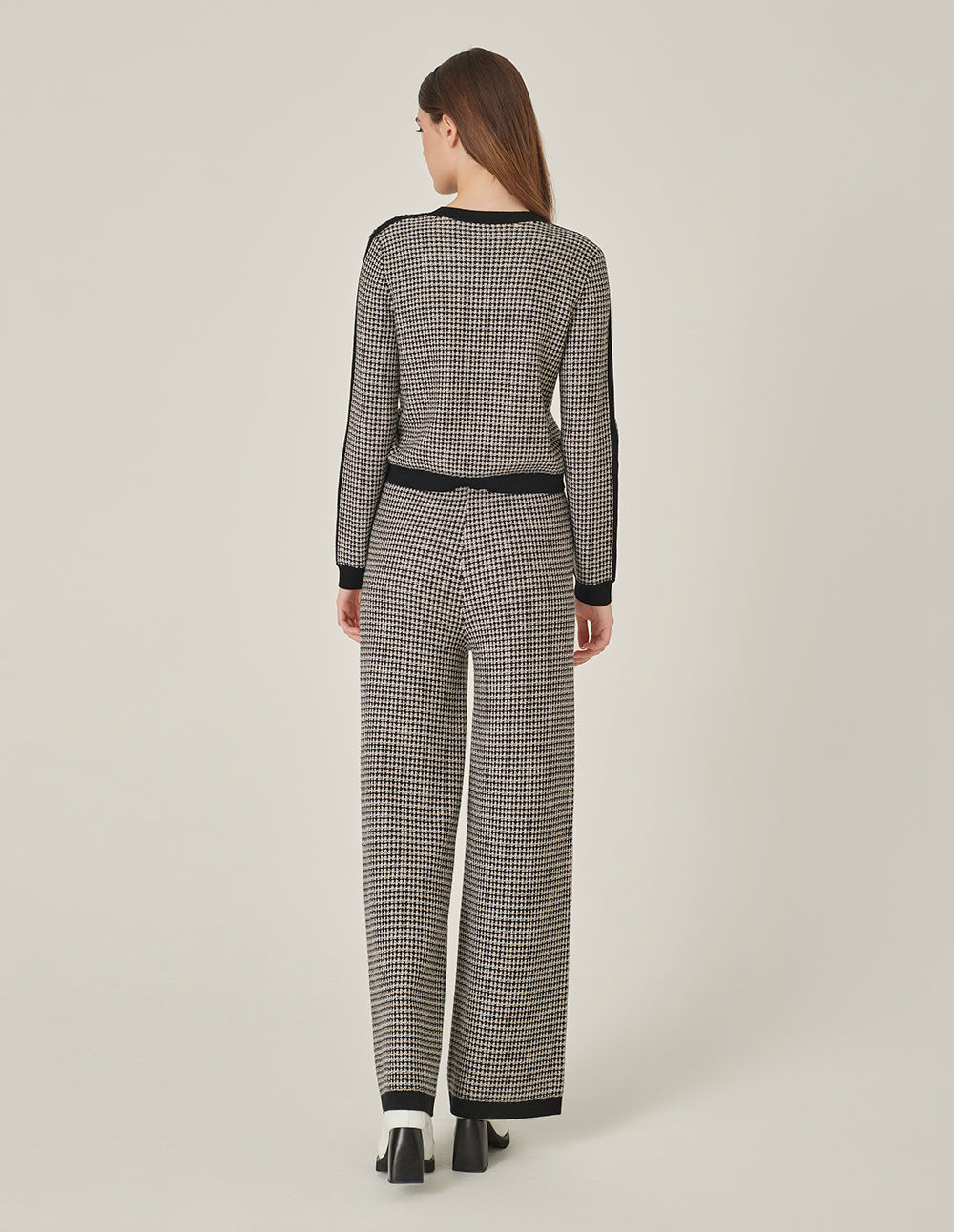 MARYLING Black And White Houndstooth Knitted Straight Wide-Leg Pants